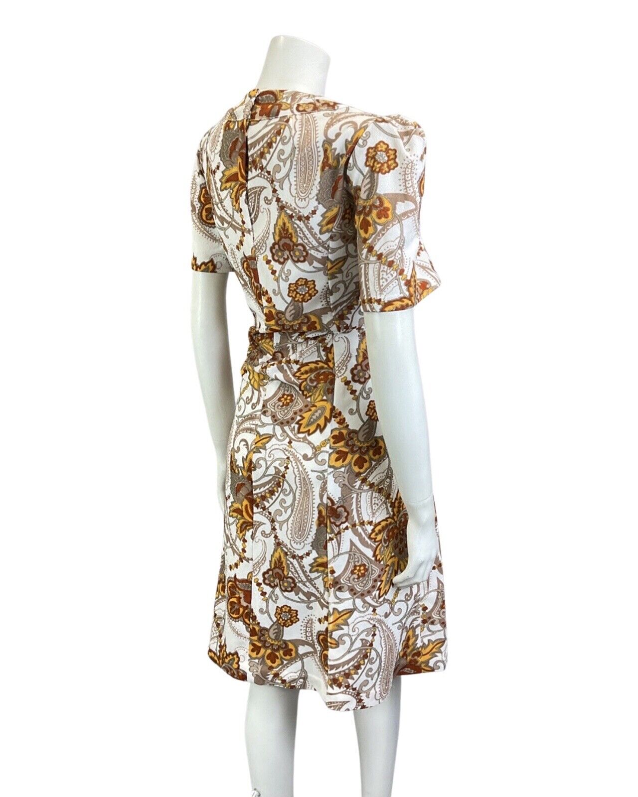 VINTAGE 60s 70s BROWN WHITE YELLOW PSYCHEDELIC PAISLEY FLOWER A-LINE DRESS 14 16