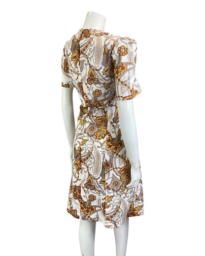 VINTAGE 60s 70s BROWN WHITE YELLOW PSYCHEDELIC PAISLEY FLOWER A-LINE DRESS 14 16