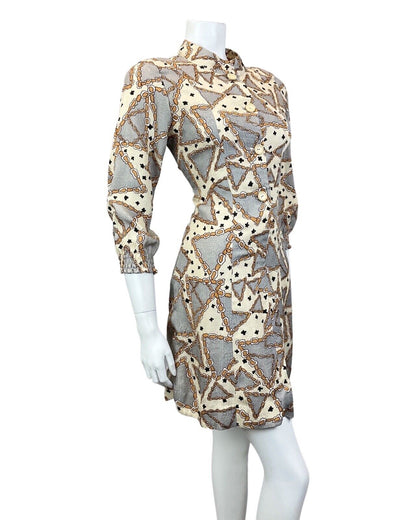 VINTAGE 60s 70s CREAM SILVER BROWN GLITTERY GEOMETRIC CHAIN MOD SHORT DRESS 10