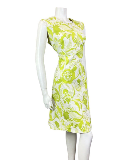 VINTAGE 60s 70s LIME GREEN WHITE FLORAL LEAFY SLEEVELESS SUMMER DRESS 14 16