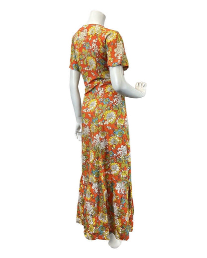 VINTAGE 60s 70s ORANGE YELLOW BLUE FLORAL LEAFY PSYCHEDELIC MOD MAXI DRESS 14