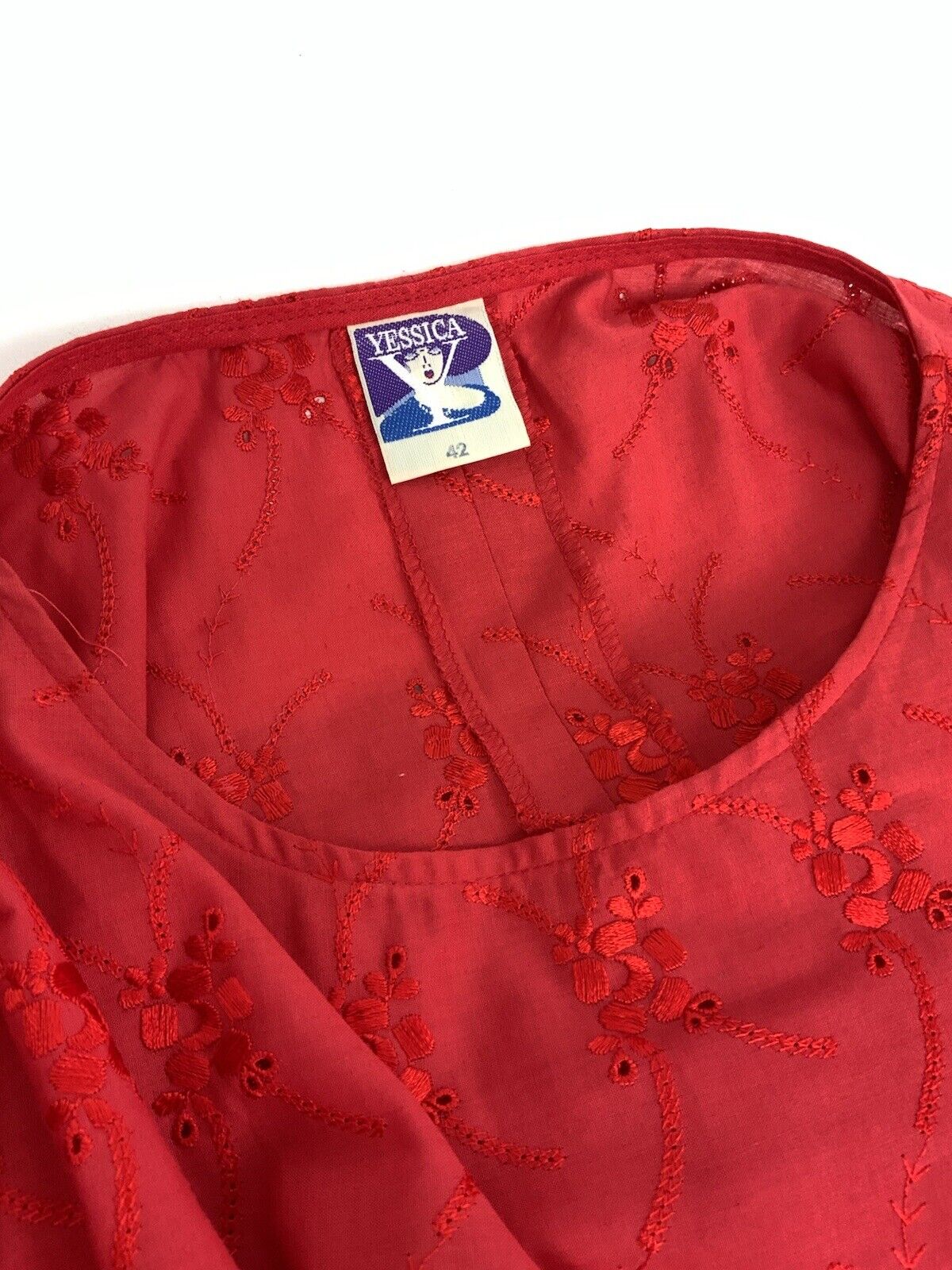 VINTAGE 60s 70s PILLARBOX RED EMBROIDERED FLORAL ANGLAISE SUMMER DRESS 12 14