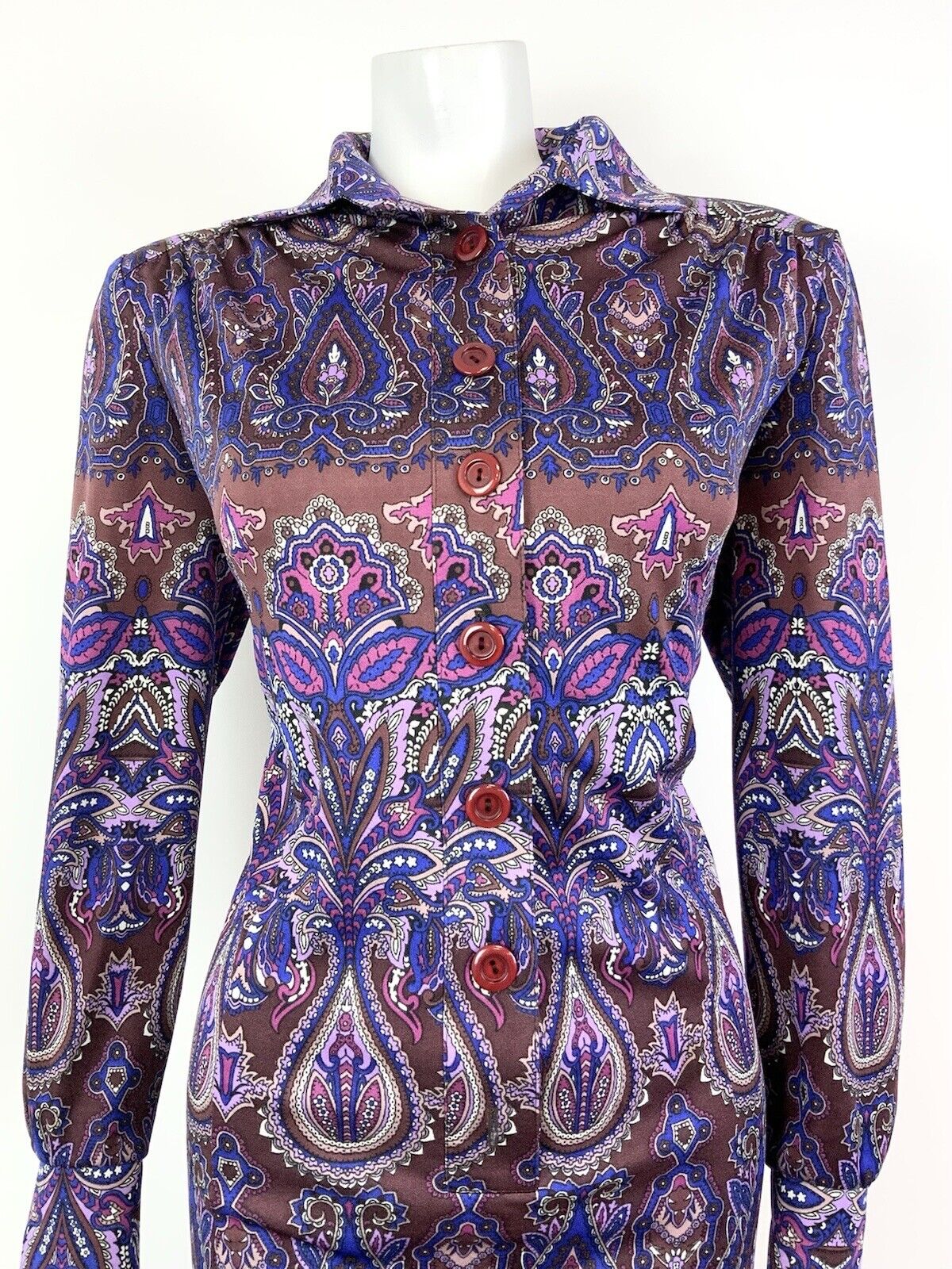 VTG 60s 70s PURPLE BROWN BLUE PSYCHEDELIC FLORAL DAGGER SHIRT DRESS 16 18