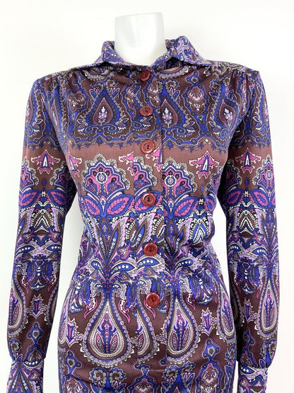 VTG 60s 70s PURPLE BROWN BLUE PSYCHEDELIC FLORAL DAGGER SHIRT DRESS 16 18