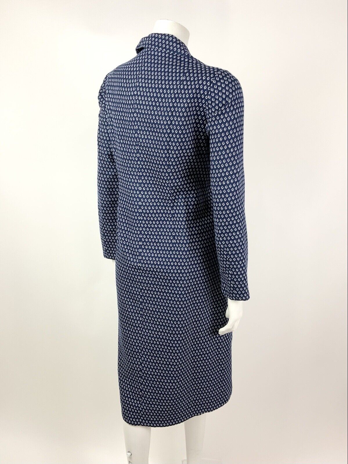 VINTAGE 60s 70s NAVY BLUE WHITE POLKA-DOT DAGGER COLLAR SHIRT DRESS 16