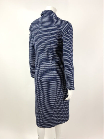 VINTAGE 60s 70s NAVY BLUE WHITE POLKA-DOT DAGGER COLLAR SHIRT DRESS 16