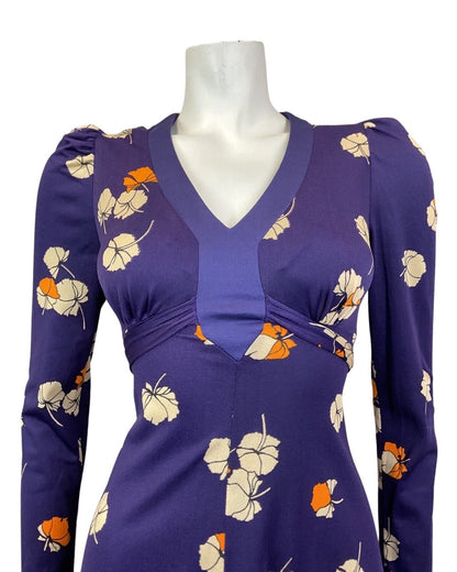 VINTAGE 60s 70s PURPLE BEIGE ORANGE FLORAL LONGSLEEVE MOD SUMMER SWING DRESS 12