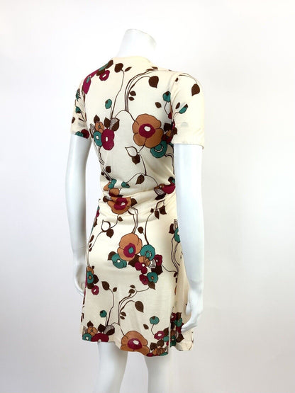 VINTAGE 60s 70s CREAM BROWN RED FLORAL VINE SHORT SHIFT DRESS 10 12