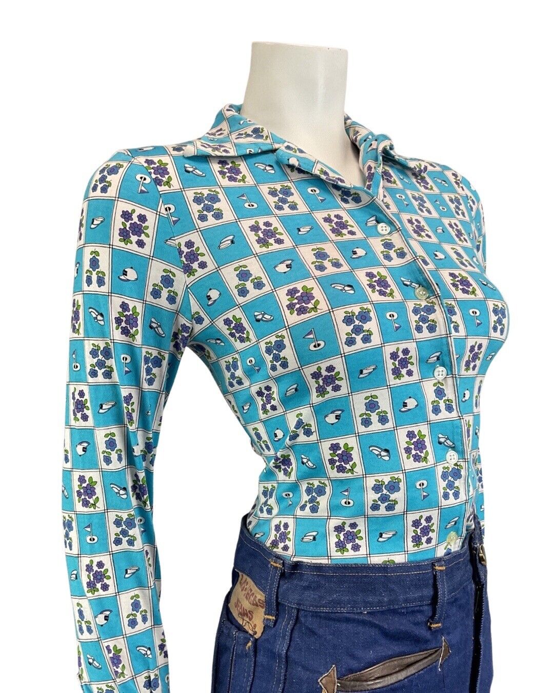 VINTAGE 60s 70s BLUE WHITE FLORAL GOLFING CHECKERBOARD FITTED BLOUSE SHIRT 8