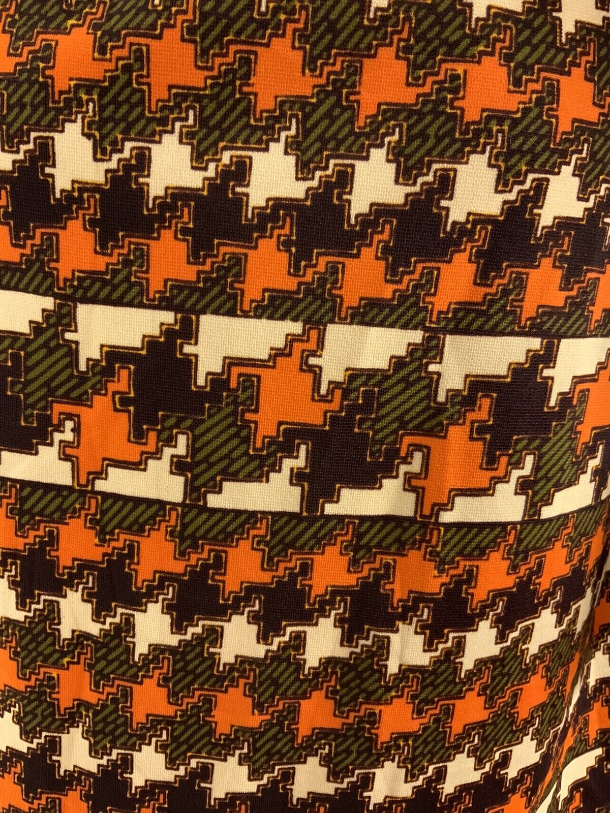 VINTAGE 60s 70s ORANGE BROWN GREEN CREAM GEOMETRIC HOUNDSTOOTH SHIRT DRESS 12 14