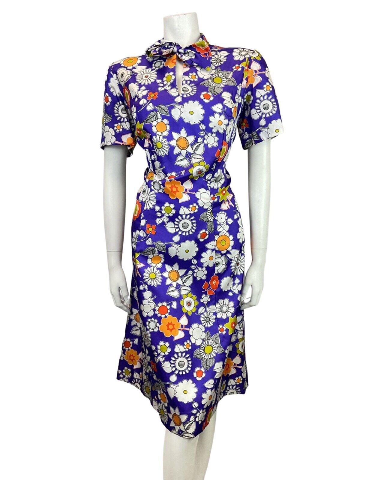 VINTAGE 60s 70s PURPLE WHITE ORANGE FLORAL DAISY PUSSYBOW MOD DRESS 14