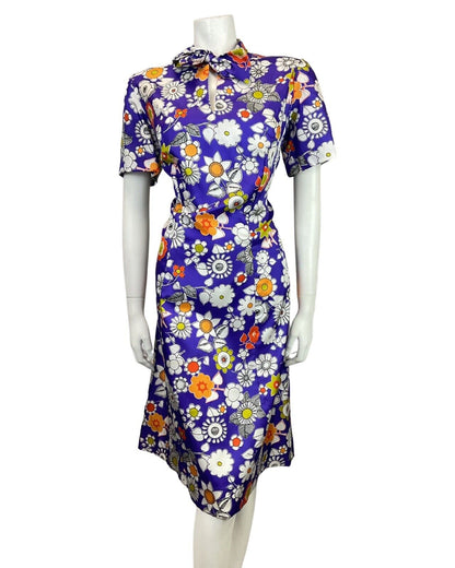 VINTAGE 60s 70s PURPLE WHITE ORANGE FLORAL DAISY PUSSYBOW MOD DRESS 14