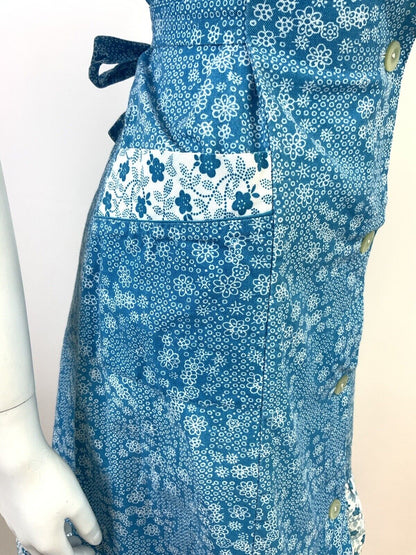 VINTAGE 60s 70s BRIGHT BLUE WHITE DOTTY FLORAL SLEEVELESS MOD SUMMER DRESS 10 12