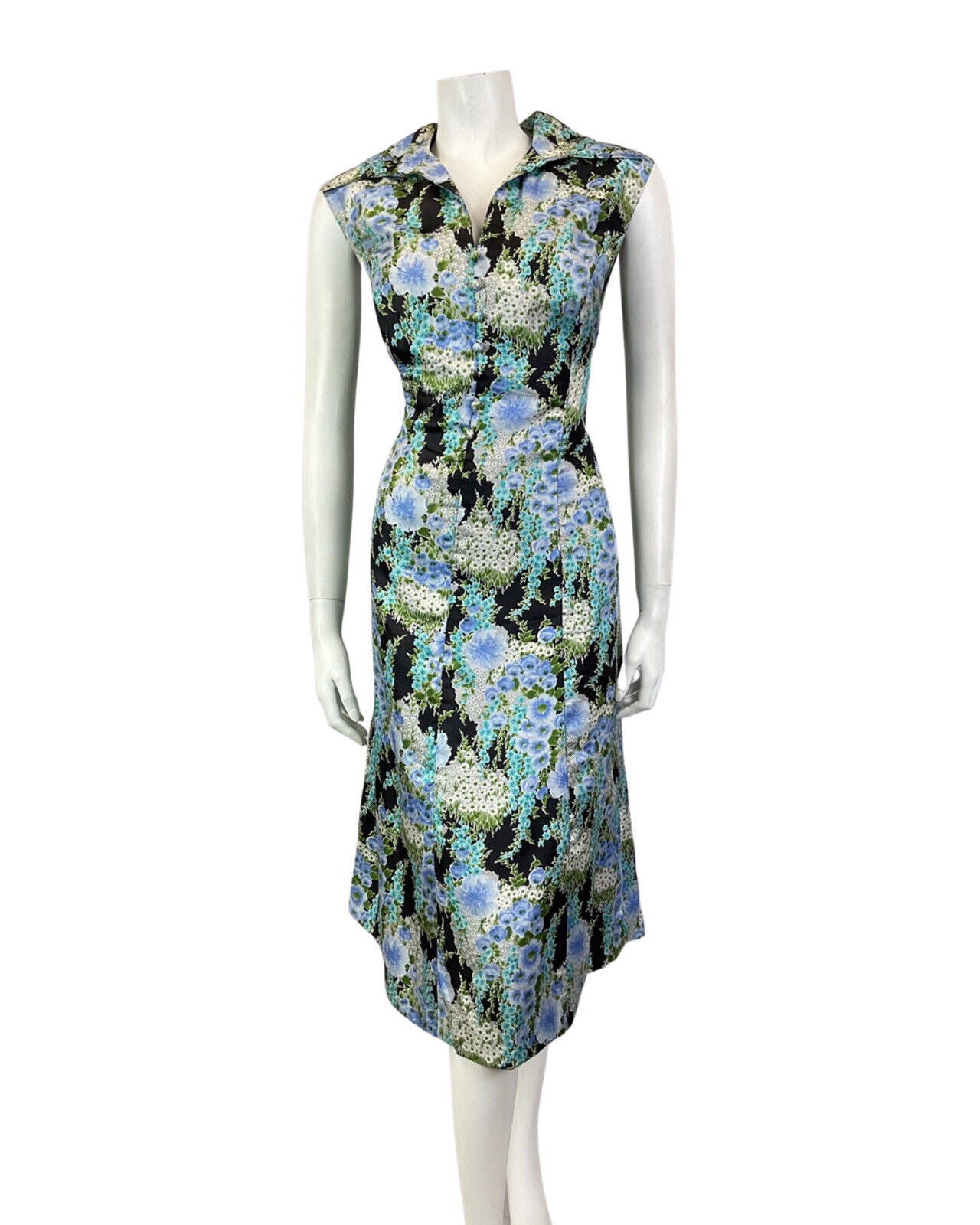 VINTAGE 60s 70s BLUE GREEN BLACK FLORAL WING COLLAR SLEEVELESS DRESS 16 18