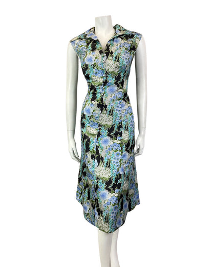 VINTAGE 60s 70s BLUE GREEN BLACK FLORAL WING COLLAR SLEEVELESS DRESS 16 18