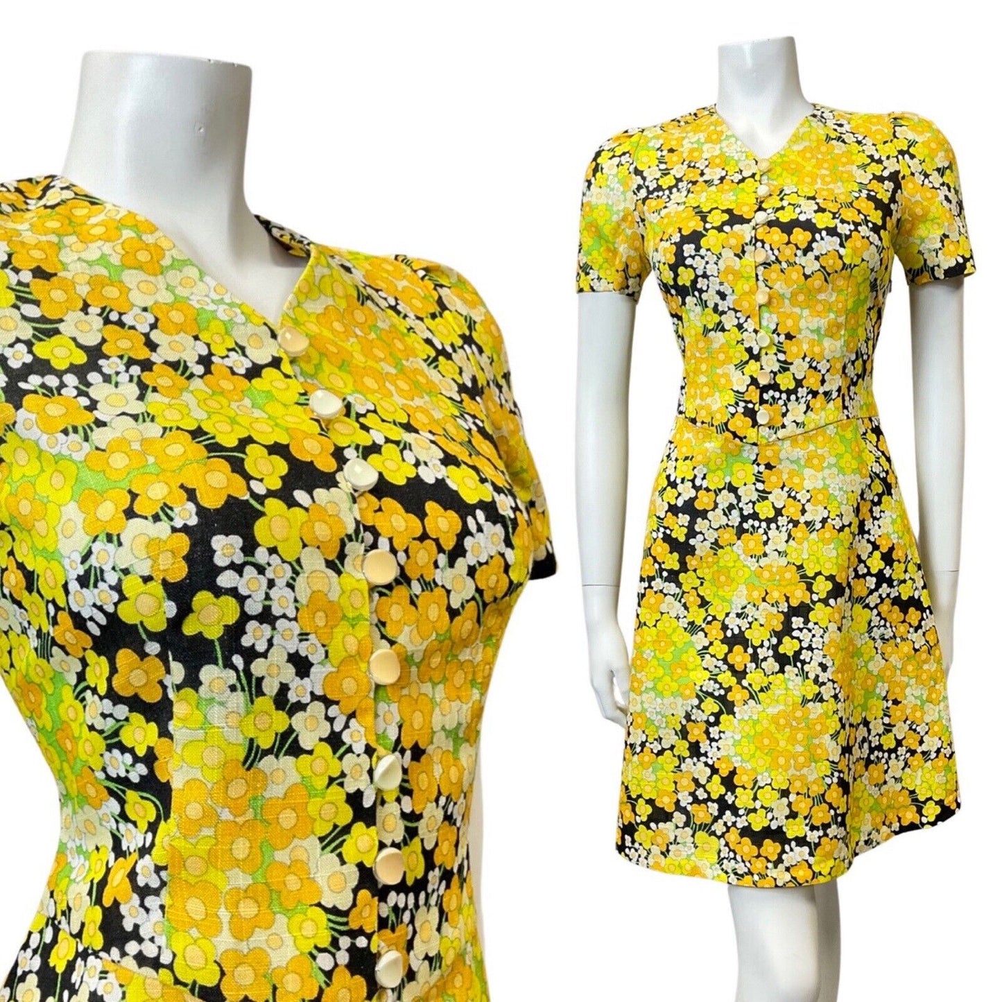 VINTAGE 60s 70s YELLOW BLACK WHITE DITSY DAISY FLORAL MOD SHORT DRESS 8 10