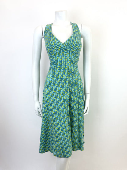 VINTAGE 60s 70s BLUE LIME GREEN OP-ART GEOMETRIC PSYCHEDELIC HALTER DRESS 10 12