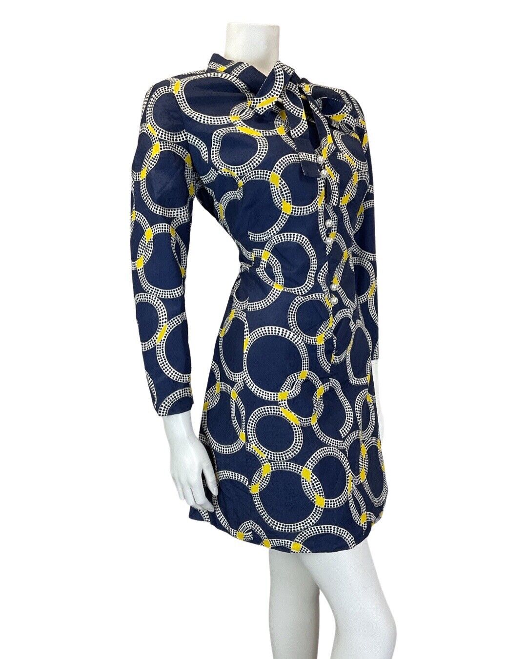 VINTAGE 60s 70s BLACK WHITE YELLOW CIRCLE GEOMETRIC MOD BOW SHORT DRESS 14 16