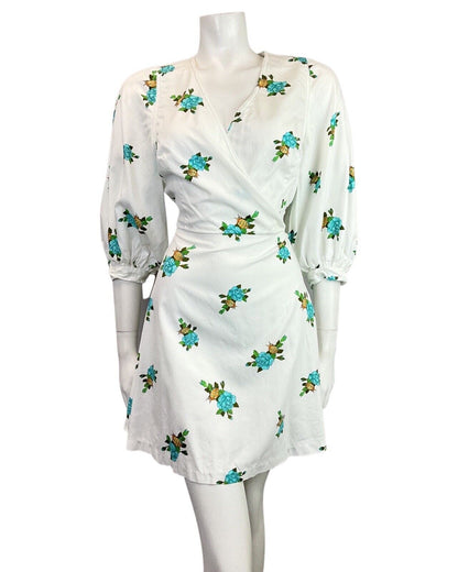 VINTAGE 60s 70s WHITE BLUE GOLD ROSE BEETLE WRAP PUFF SLEEVE MOD SWING DRESS 10