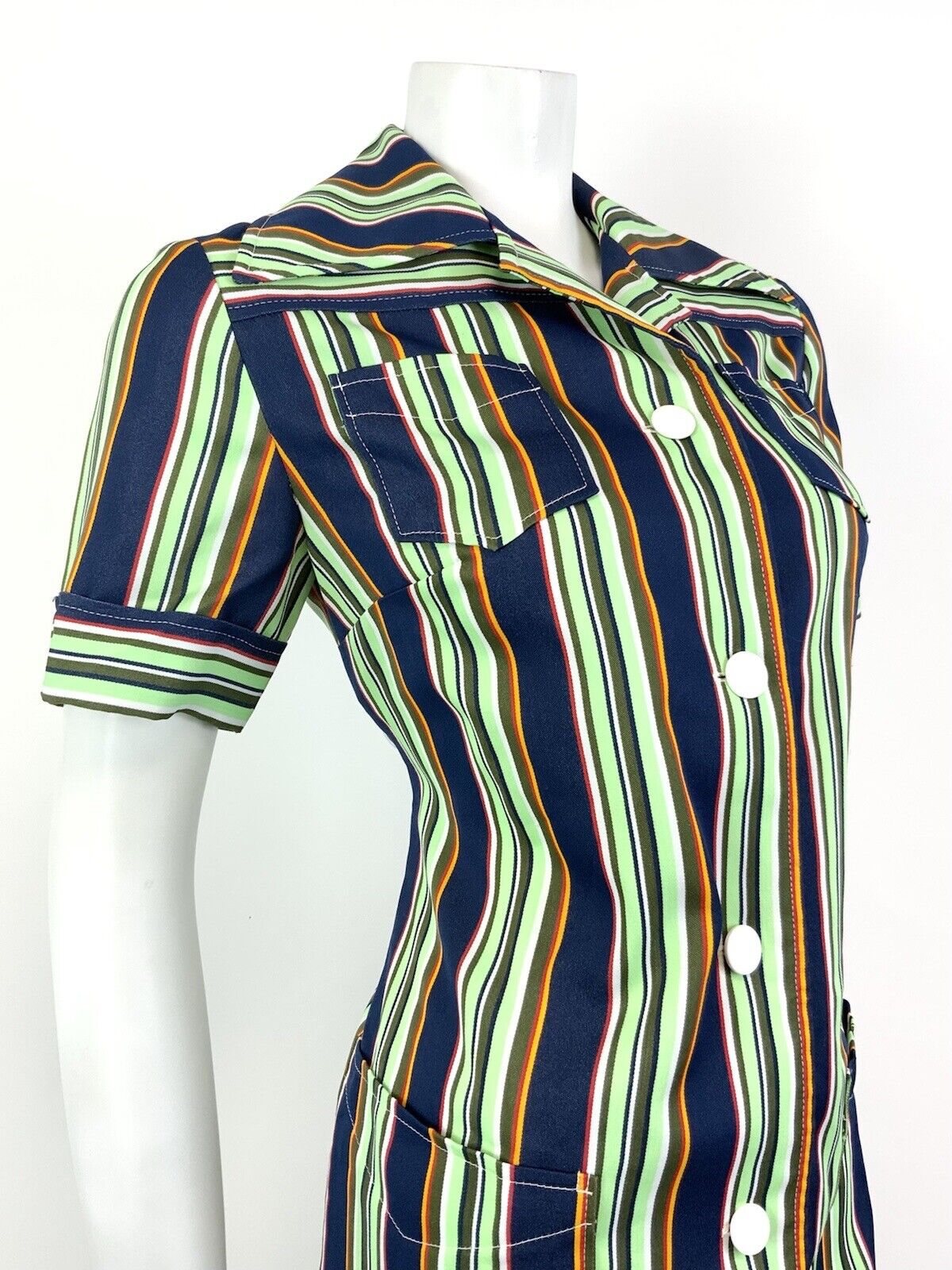 VINTAGE 60s 70s GREEN BLUE WHITE RED STRIPED MOD DAGGER COLLAR SHIRT DRESS 12