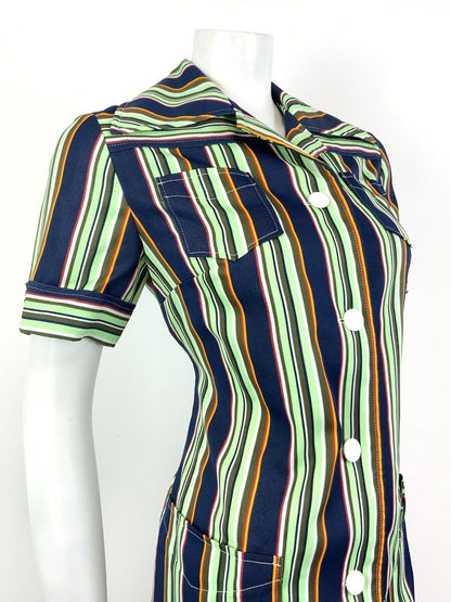 VINTAGE 60s 70s GREEN BLUE WHITE RED STRIPED MOD DAGGER COLLAR SHIRT DRESS 12