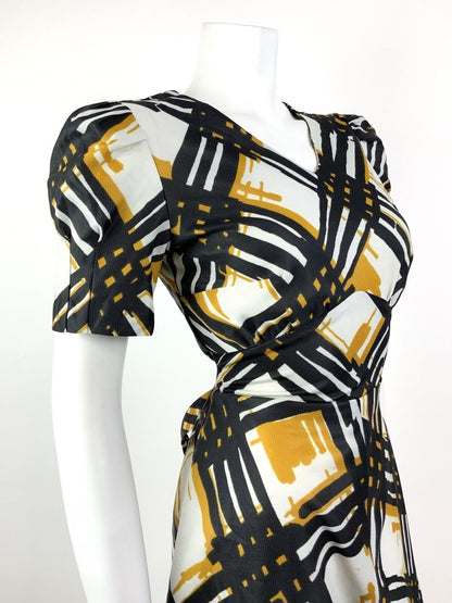 VINTAGE 60s 70s WHITE BLACK YELLOW GEOMETRIC CHECKED PUFF SLEEVE TEA DRESS 10