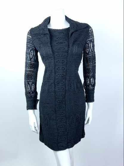 VINTAGE 60s 70s BLACK LACE CROCHET MOD COVEN GLAM WING COLLAR DRESS 10 12
