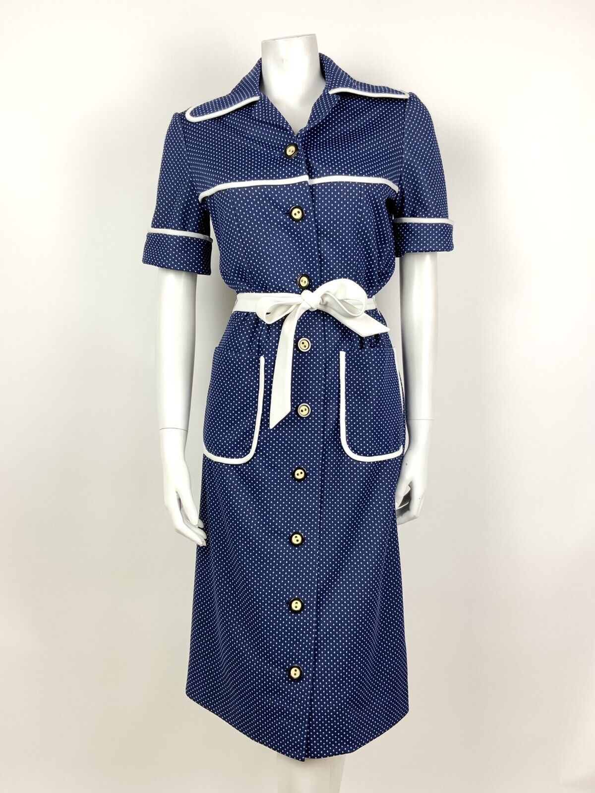VINTAGE 60s 70s NAVY BLUE WHITE POLKA DOT BELTED WING COLLAR SHIRT DRESS 12 14
