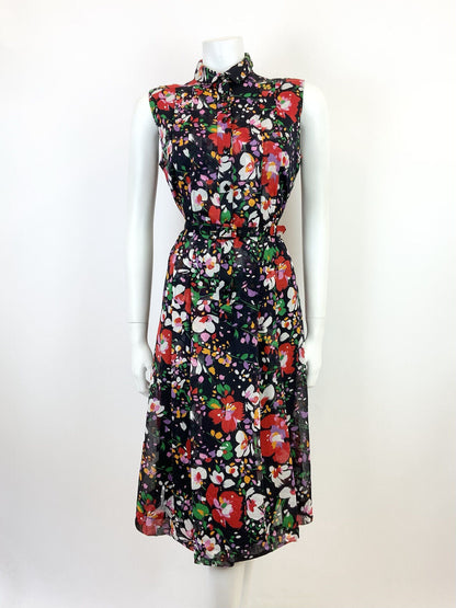 VTG 60s 70s BLACK RED WHITE GREEN FLORAL BELTED MOD SLEEVELESS SHIRT DRESS 12 14