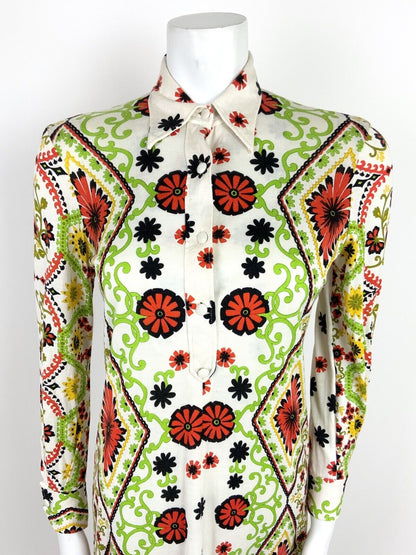 VINTAGE 60s 70s LIME GREEN ORANGE BLACK YELLOW WHITE PSCHEDELIC DRESS 8 10