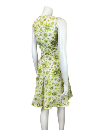 VINTAGE 60s 70s GREEN WHITE PINK FLORAL DAISY MOD SLEEVELESS SWING DRESS 8 10