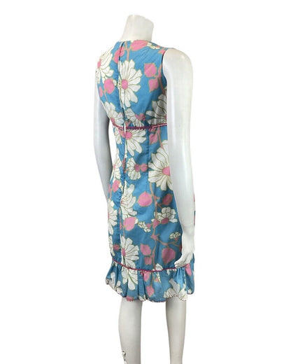 VINTAGE 60s 70s BLUE PINK WHITE DAISY FLOWER EMPIRE LINE MOD DRESS 10 12
