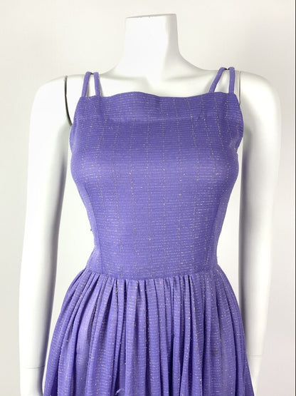 VINTAGE 60s 70s LILAC PURPLE SILVER LUREX STRAPPY STUDIO 54 DISCO DRESS 8