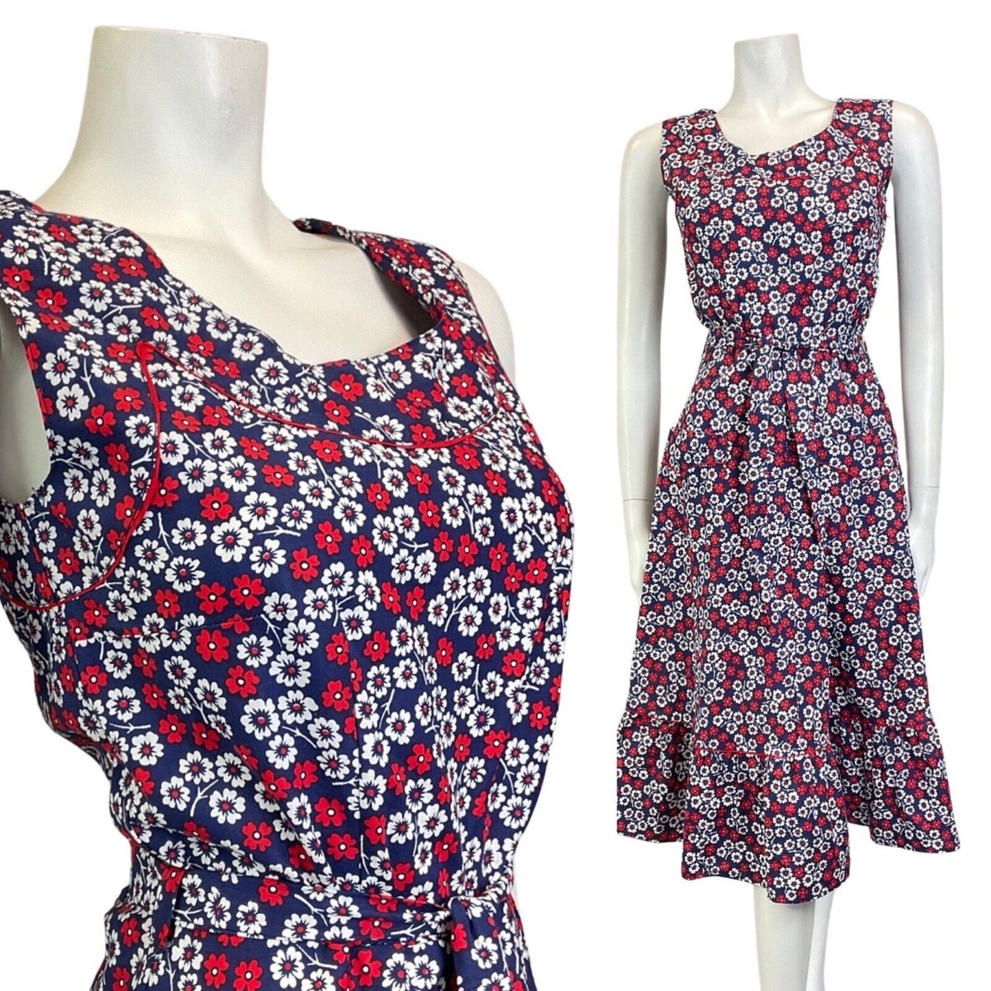 VINTAGE 60s 70s BLUE RED WHITE DAISY FLOWER SLEEVELESS SWING SUMMER DRESS 8