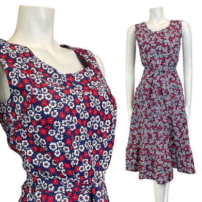 VINTAGE 60s 70s BLUE RED WHITE DAISY FLOWER SLEEVELESS SWING SUMMER DRESS 8