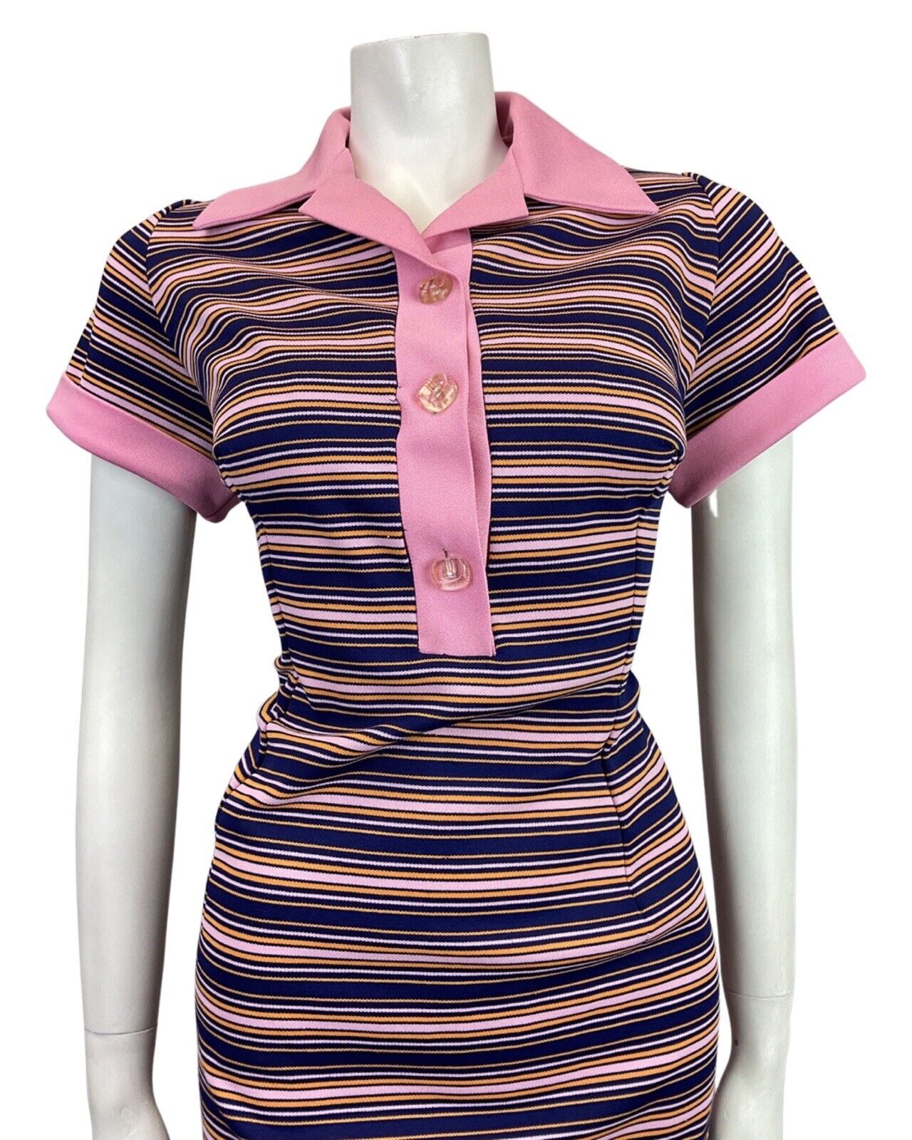 VINTAGE 60s 70s NAVY BLUE BABY PINK STRIPED MOD SHIRT DRESS 12 14