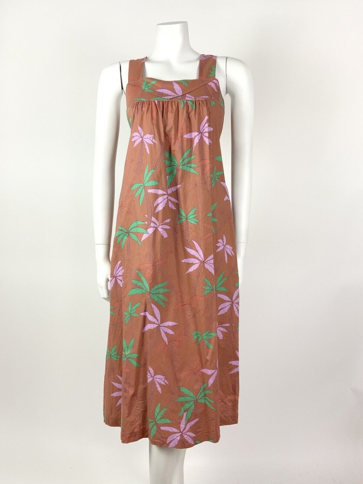 VINTAGE 70s 80s BROWN GREEN PINK PALM TREE LEAFY SLEEVELESS TENT DRESS 8