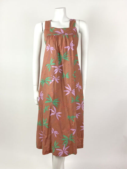 VINTAGE 70s 80s BROWN GREEN PINK PALM TREE LEAFY SLEEVELESS TENT DRESS 8