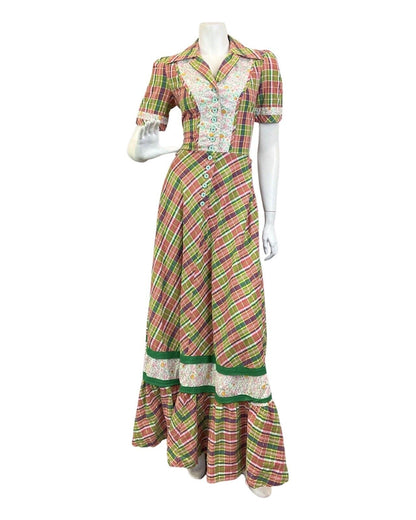 VINTAGE 70s GREEN RED PURPLE PLAID DITSY FLOWER BOHO PRAIRIE DAGGER MAXI DRESS 8