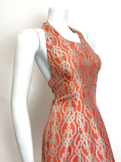 VINTAGE 60s 70s ORANGE GOLD PSYCHEDELIC TRELLIS DISCO STUDIO 54 HALTER DRESS 8