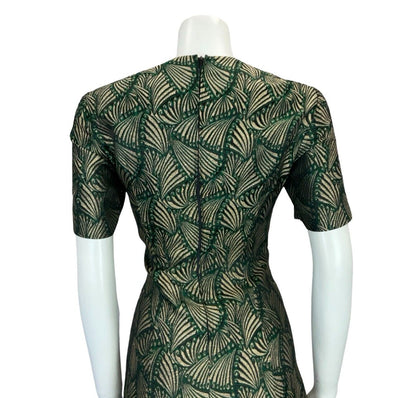 VTG 60S ART DECO FAN GOLD GREEN BLACK SHORT SLEEVE ROUNDED NECK DRESS 12