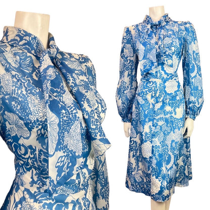 VINTAGE 60s 70s BLUE WHITE PSYCHEDELIC FLORAL PUSSYBOW SHEER SWING DRESS 12 14