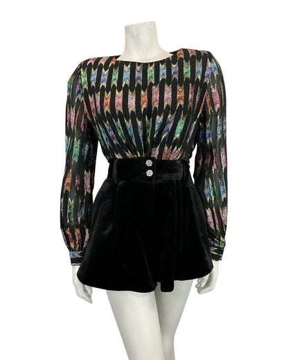 VINTAGE 70s 80s BLACK GREEN SILVER STRIPED DISCO PARTY SHEER BLOUSE TOP 10
