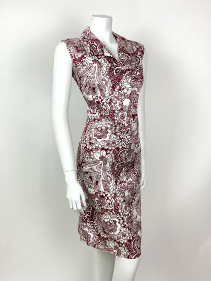 VINTAGE 60s 70s WINE RED WHITE PSYCHEDELIC FLORAL PAISLEY BATIK SHIRT DRESS 12 1