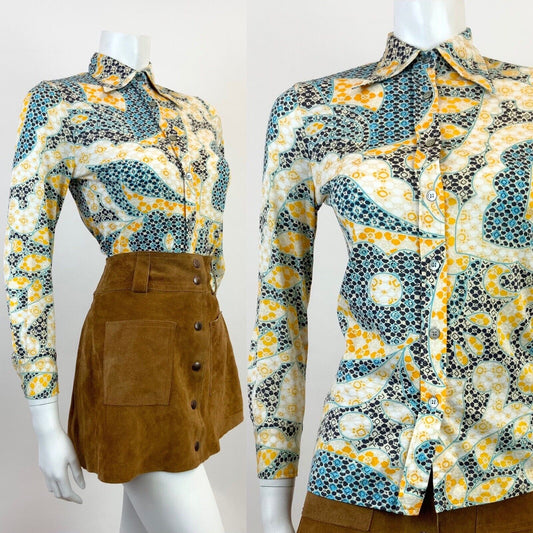 VINTAGE 60s 70s CREAM YELLOW BLUE PSYCHEDELIC FLORAL MOD DAGGER SHIRT 8 10