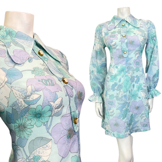 VINTAGE 60s 70s BLUE PURPLE FLORAL JULIET SLEEVE MOD BEAGLE COLLAR DRESS 10 12