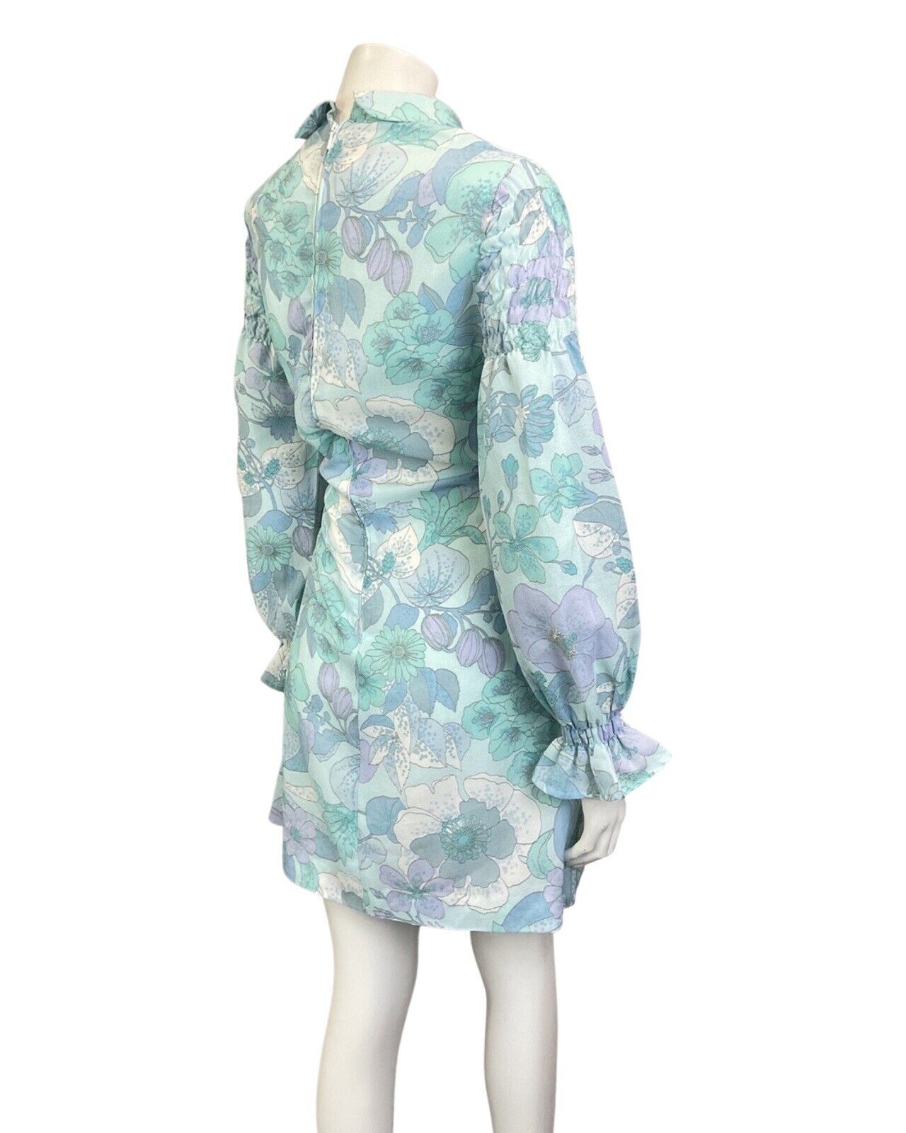 VINTAGE 60s 70s BLUE PURPLE FLORAL JULIET SLEEVE MOD BEAGLE COLLAR DRESS 10 12