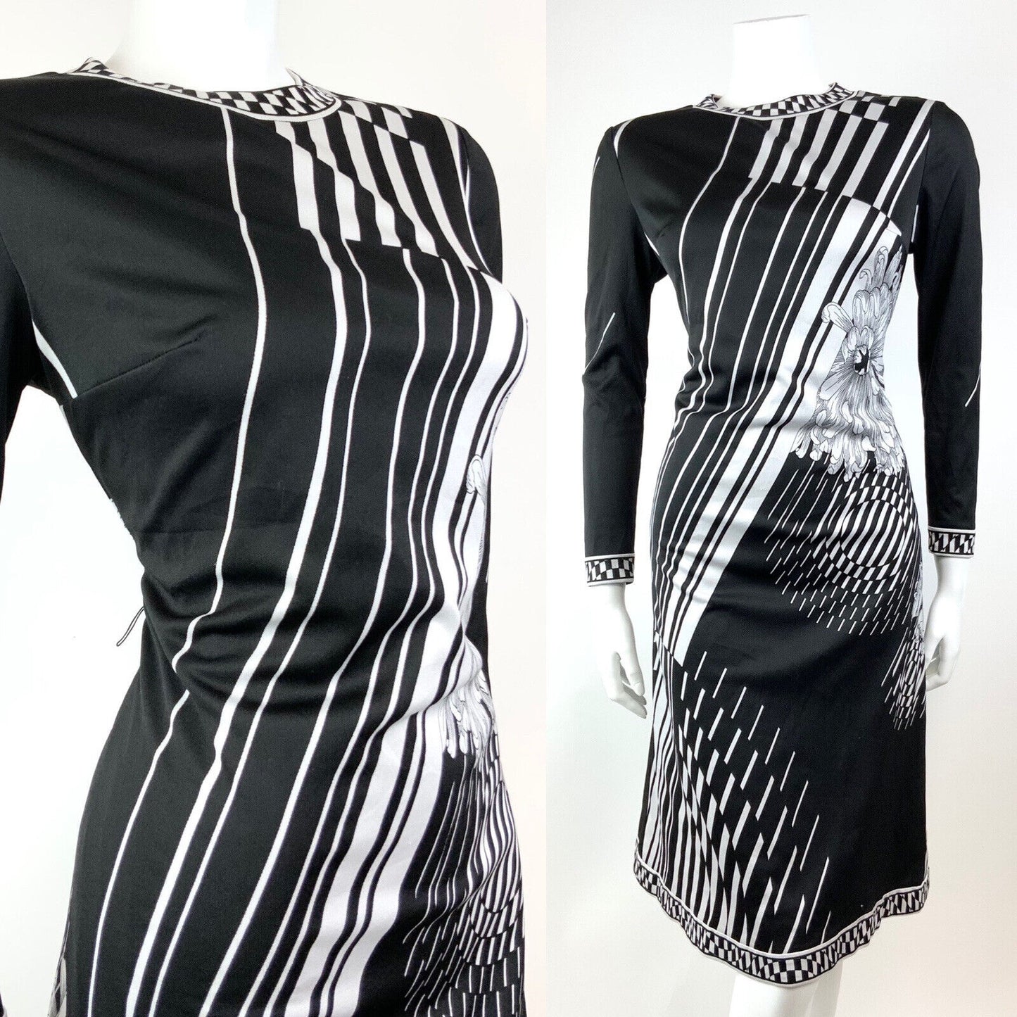VINTAGE 60s 70s BLACK WHITE STRIPED FLORAL OP-ART FITTED KNEE-LENGTH DRESS 12 14