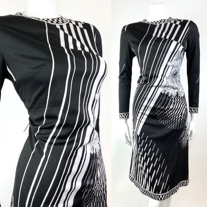 VINTAGE 60s 70s BLACK WHITE STRIPED FLORAL OP-ART FITTED KNEE-LENGTH DRESS 12 14
