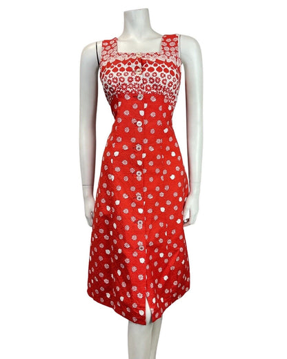 VINTAGE 60s 70s PILLARBOX RED WHITE FLORAL LEAFY MOD SLEEVELESS SUMMER DRESS 8